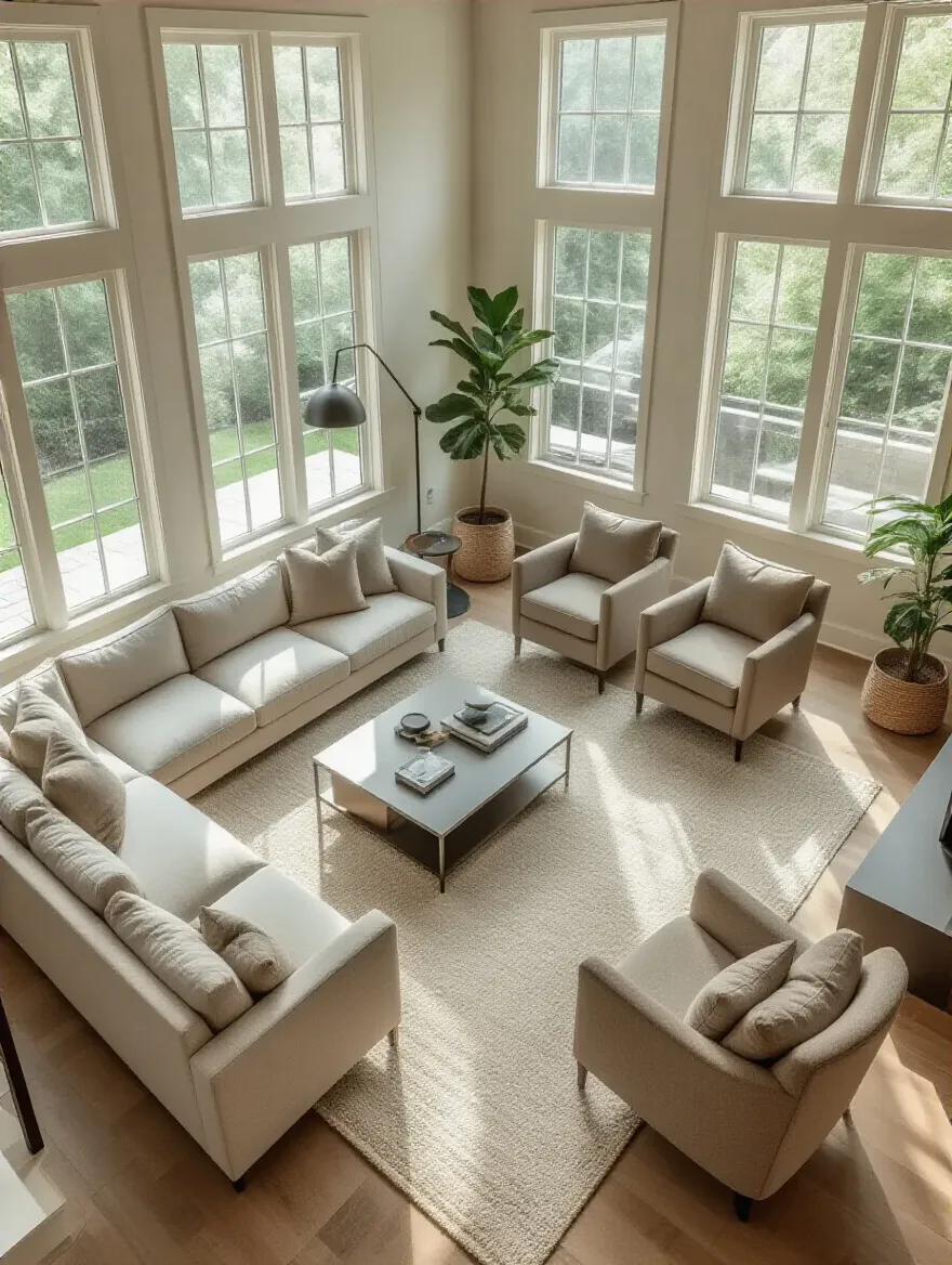 Modern living room showing distinct functional zones with an L-shaped sofa for conversation, a cozy reading chair with a floor lamp, and a minimalist media console for entertainment, all clearly separated by area rugs and viewed from an elevated professional wide-angle perspective under bright, natural light.