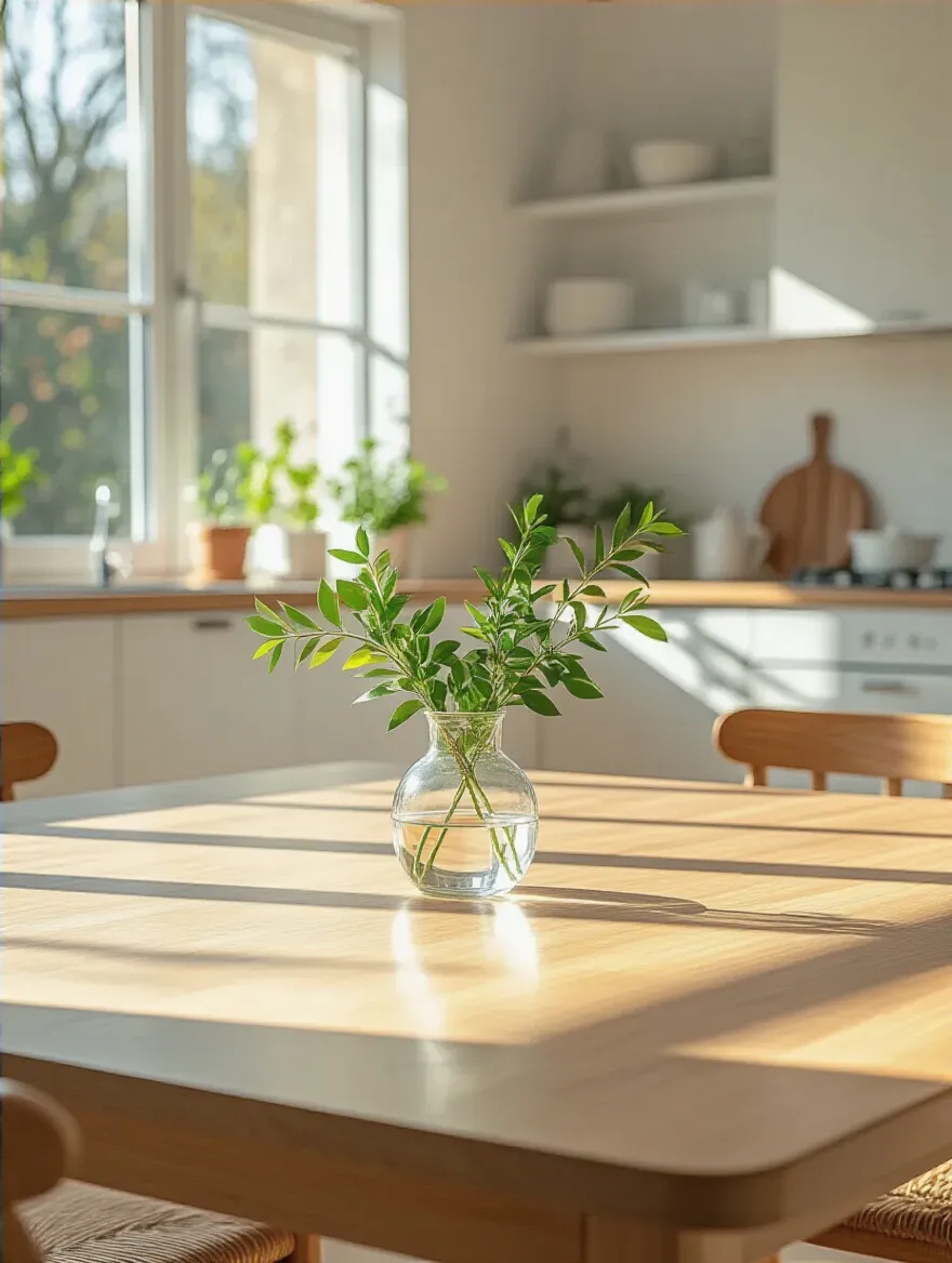 Clean kitchen table after decluttering with a simple greenery centerpiece in a bright kitchen