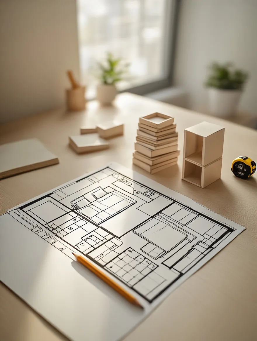 Overhead view of a minimalist workspace with a meticulously hand-drawn floor plan of a small bedroom, showing various scaled furniture cutouts being arranged, a pencil, and a tape measure, bathed in soft, natural light, emphasizing spatial planning for efficient furniture layouts.