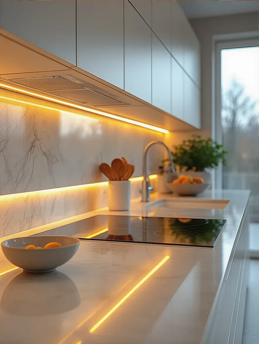 A beautifully lit modern kitchen countertop with under-cabinet LED strip lighting, showcasing a polished quartz surface with intricate veining, making the counter a bright and shadow-free workspace.