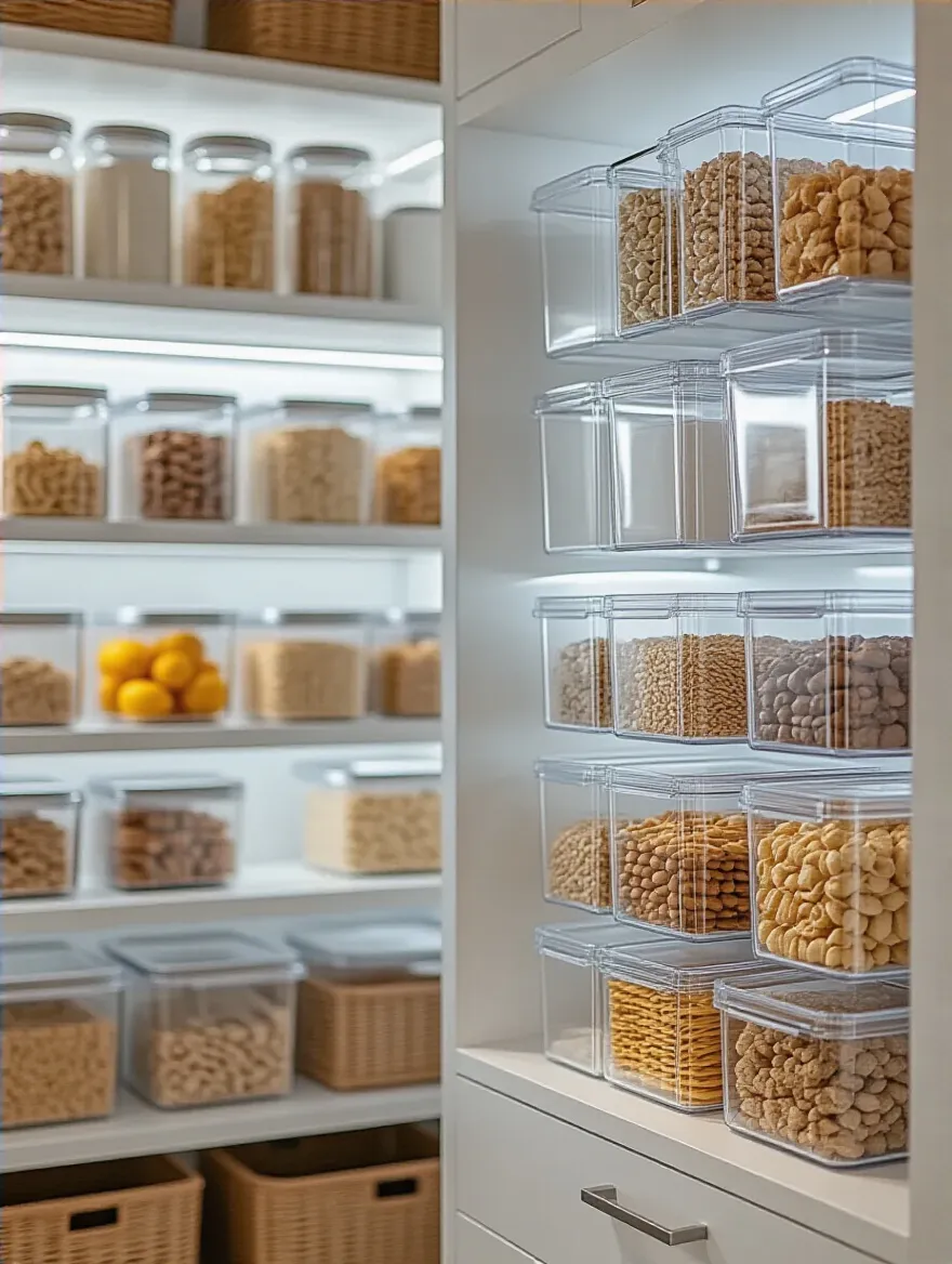 Modern kitchen pantry shelf neatly organized with various clear acrylic bins, dividers, and tiered risers containing dry goods, spices, and snacks. The transparent organizers create a visually light and cohesive aesthetic, showcasing the contents clearly without clutter. Bright, clean minimalist design.