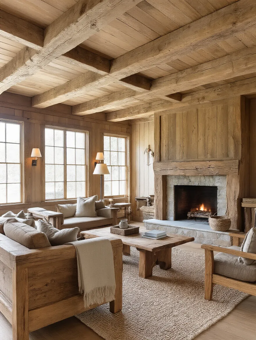 Portrait of rustic living room detail with natural wood finishes