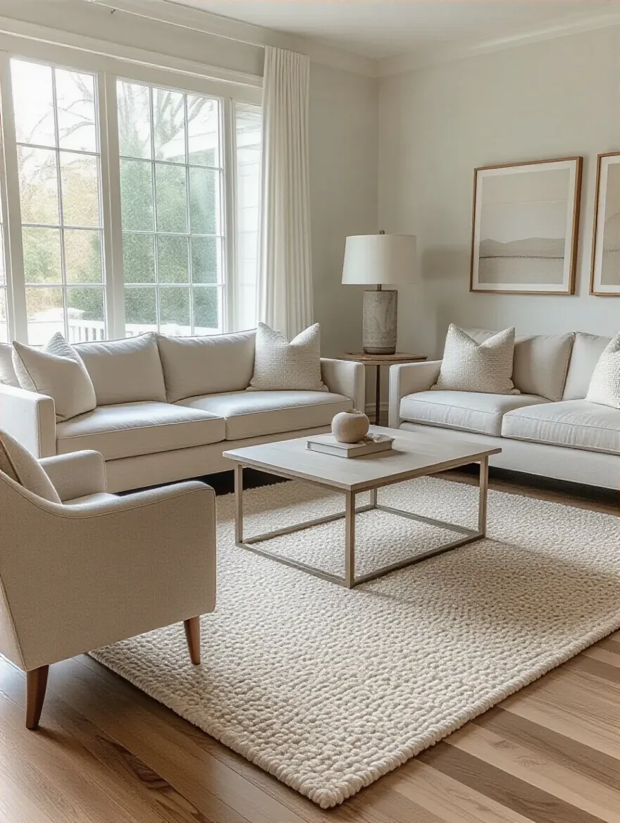 Elegant living room featuring a spacious 8x10 neutral area rug, which successfully anchors a sofa and two accent chairs. The arrangement highlights proper rug placement for defining a seating area.