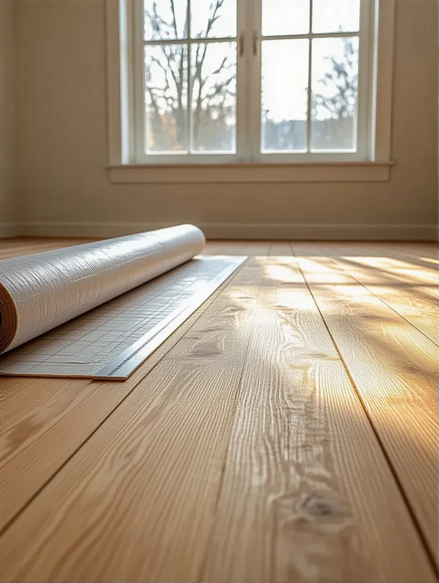A perfectly clean and level subfloor with an uncoupling membrane partially installed, demonstrating ideal subfloor preparation for kitchen floor tiling.