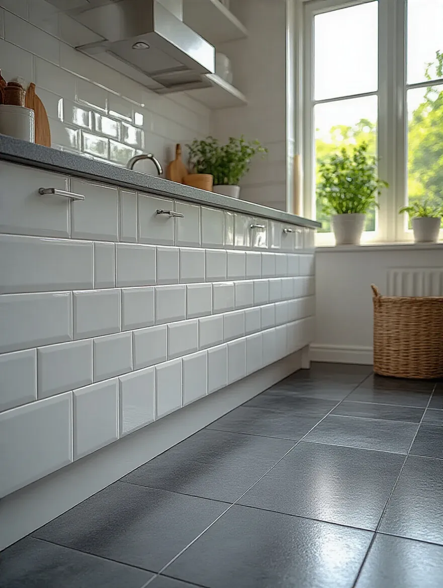 A gleaming kitchen backsplash with white subway tiles and clean grout, illustrating a successful tile cleaning routine.