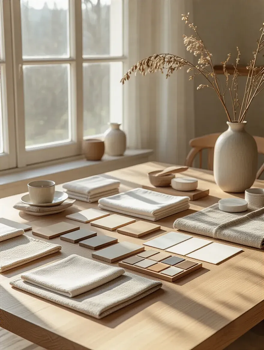 Portrait mood board showing core color palette and materials for kitchen table decor