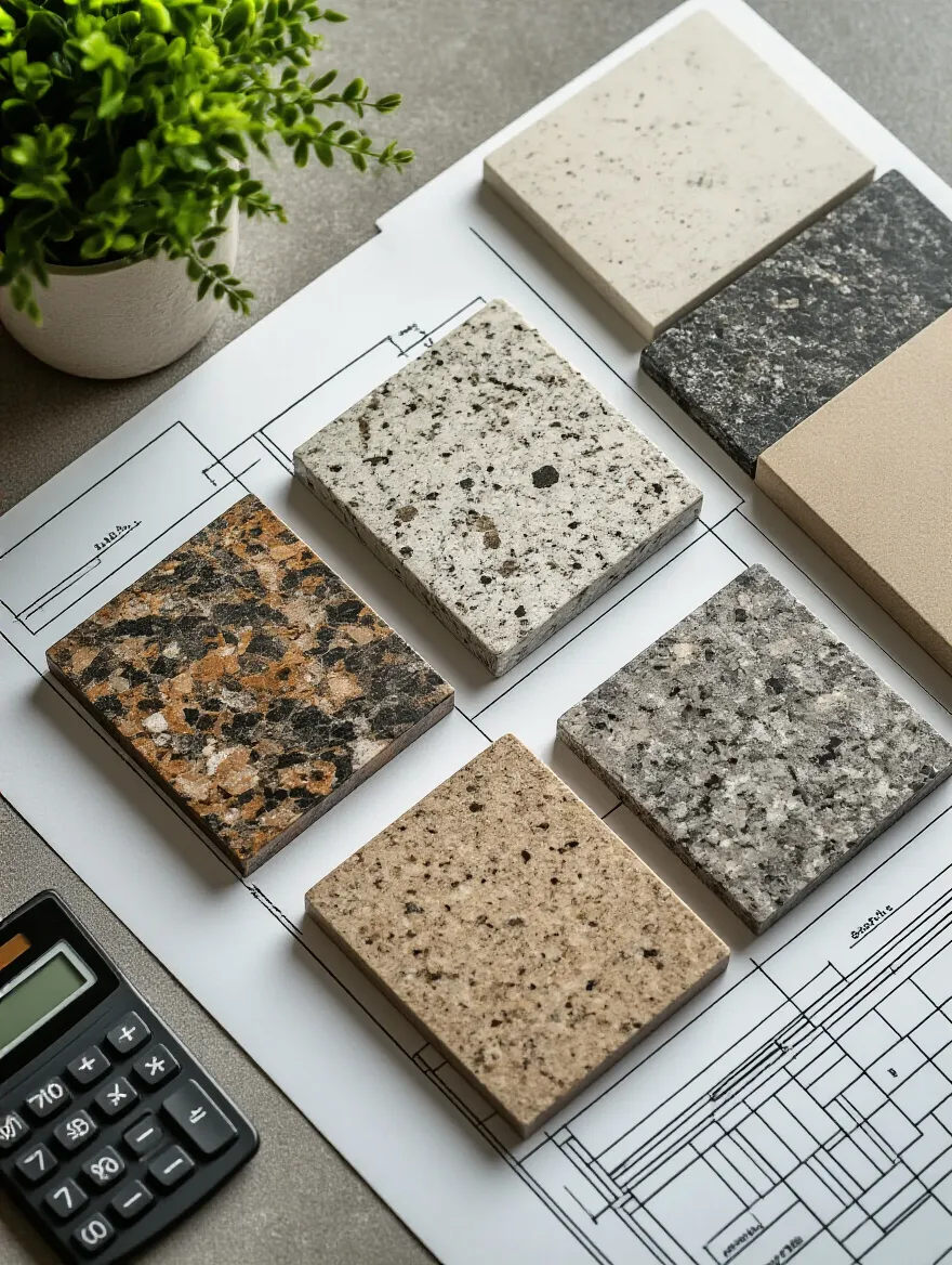 Variety of kitchen countertop material samples, including granite, quartz, and laminate, arranged on a kitchen plan, symbolizing thoughtful budgeting and material selection.
