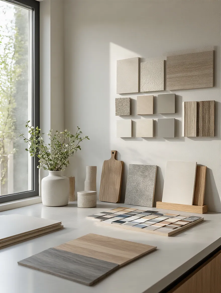 Portrait view of a kitchen planning space with material samples and mood boards.