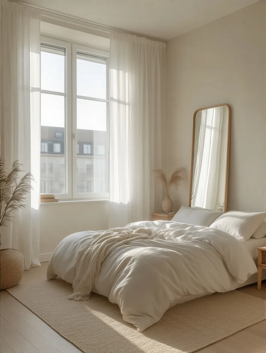 A bright, naturally lit small apartment bedroom with sheer curtains, a large mirror reflecting sunlight, and light-colored decor, illustrating optimal placement for natural light.