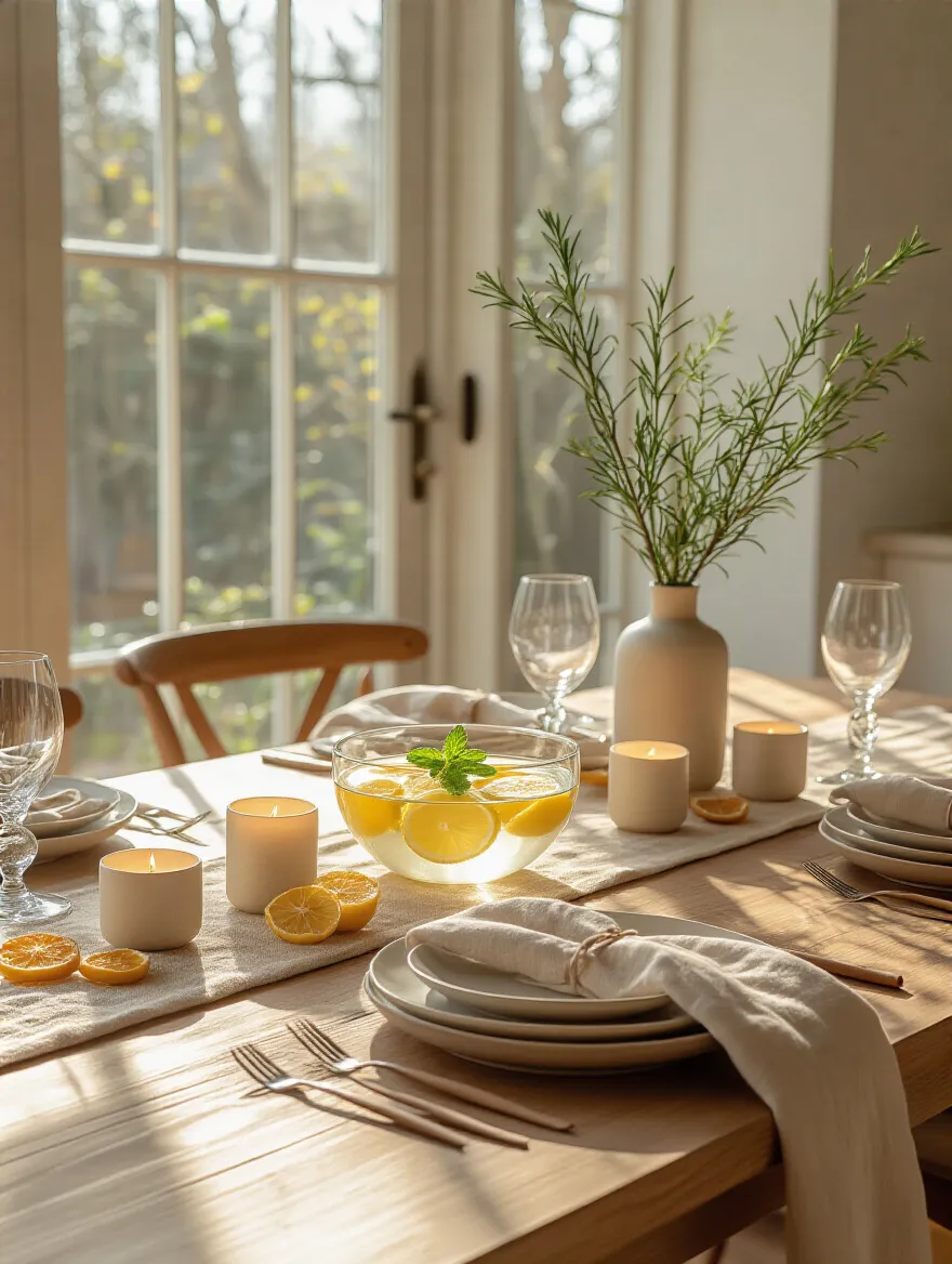 Scented herbs and citrus centerpiece on a kitchen table