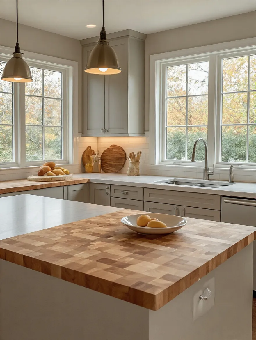 Portrait view of laminate and butcher block countertops in a modern kitchen