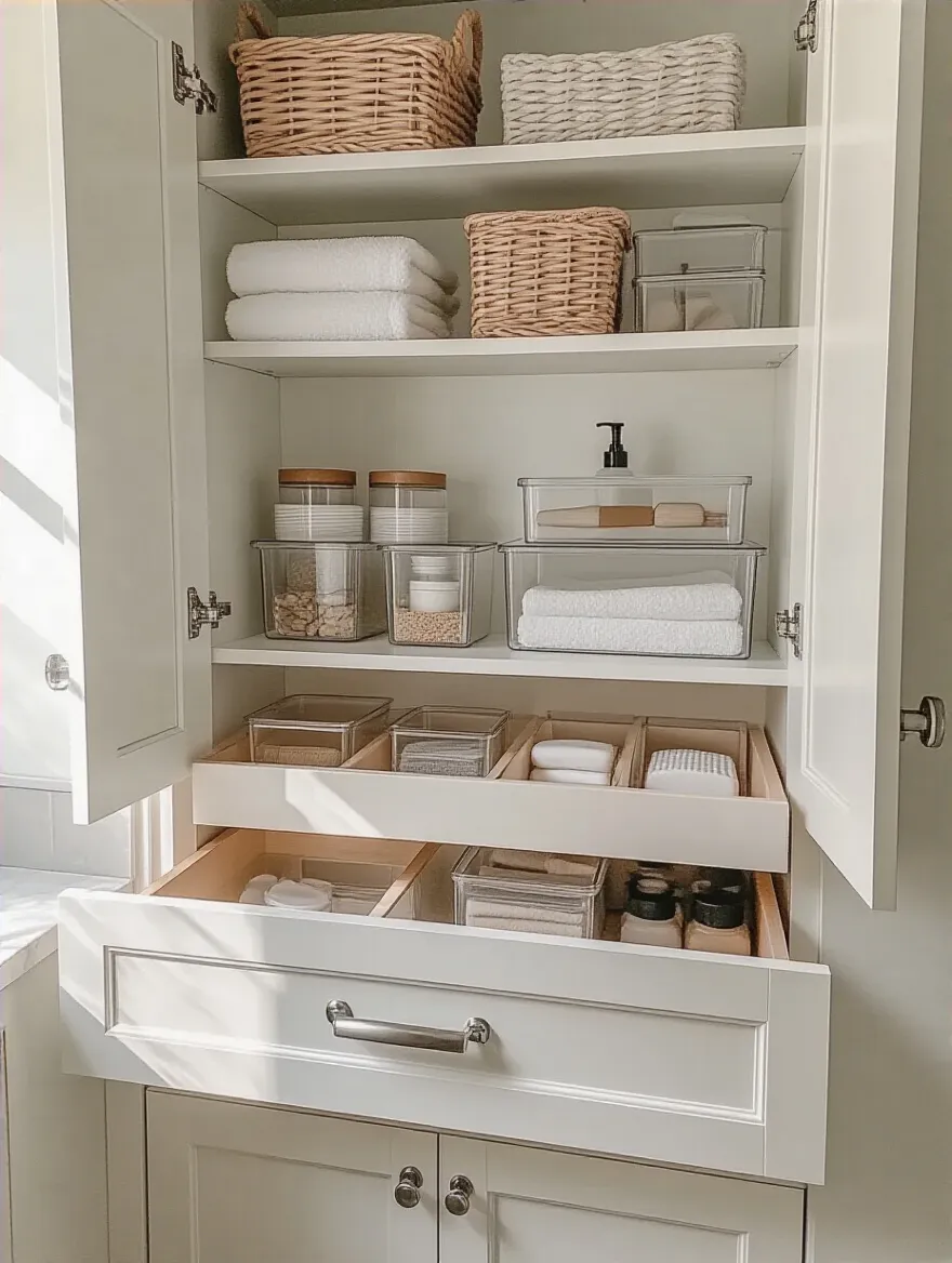 Under-sink storage organized with tiered shelves and clear bins in a small bathroom