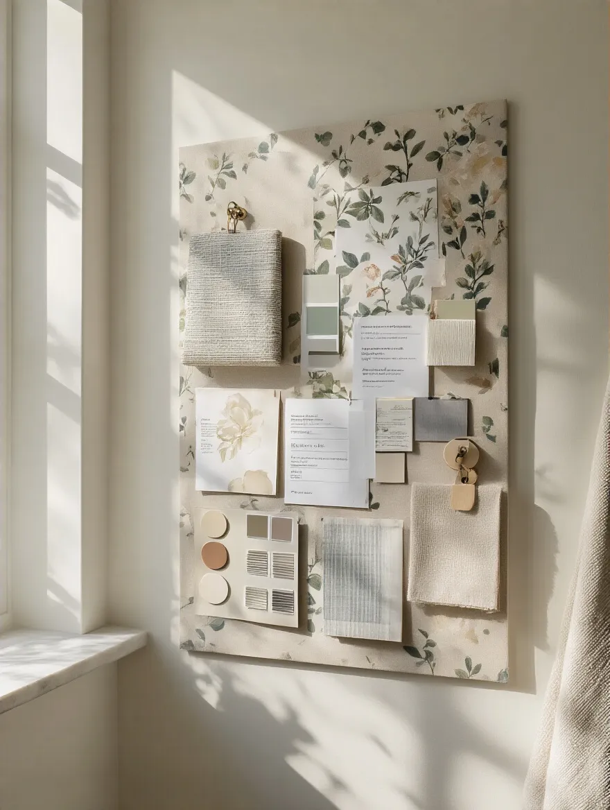 Portrait view of a bathroom mood board with wallpaper swatches, color chips, and fabric textures