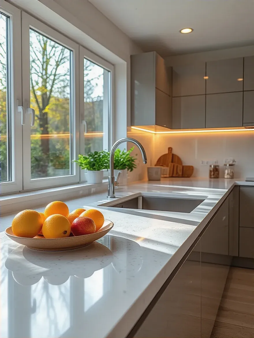 A professional, wide-angle photo of a modern kitchen countertop demonstrating the transformative effect of different lighting. One side is illuminated by natural light, showing vibrant color, while the other side is enhanced by warm artificial under-cabinet and ceiling lighting, highlighting texture and depth. No people are visible.
