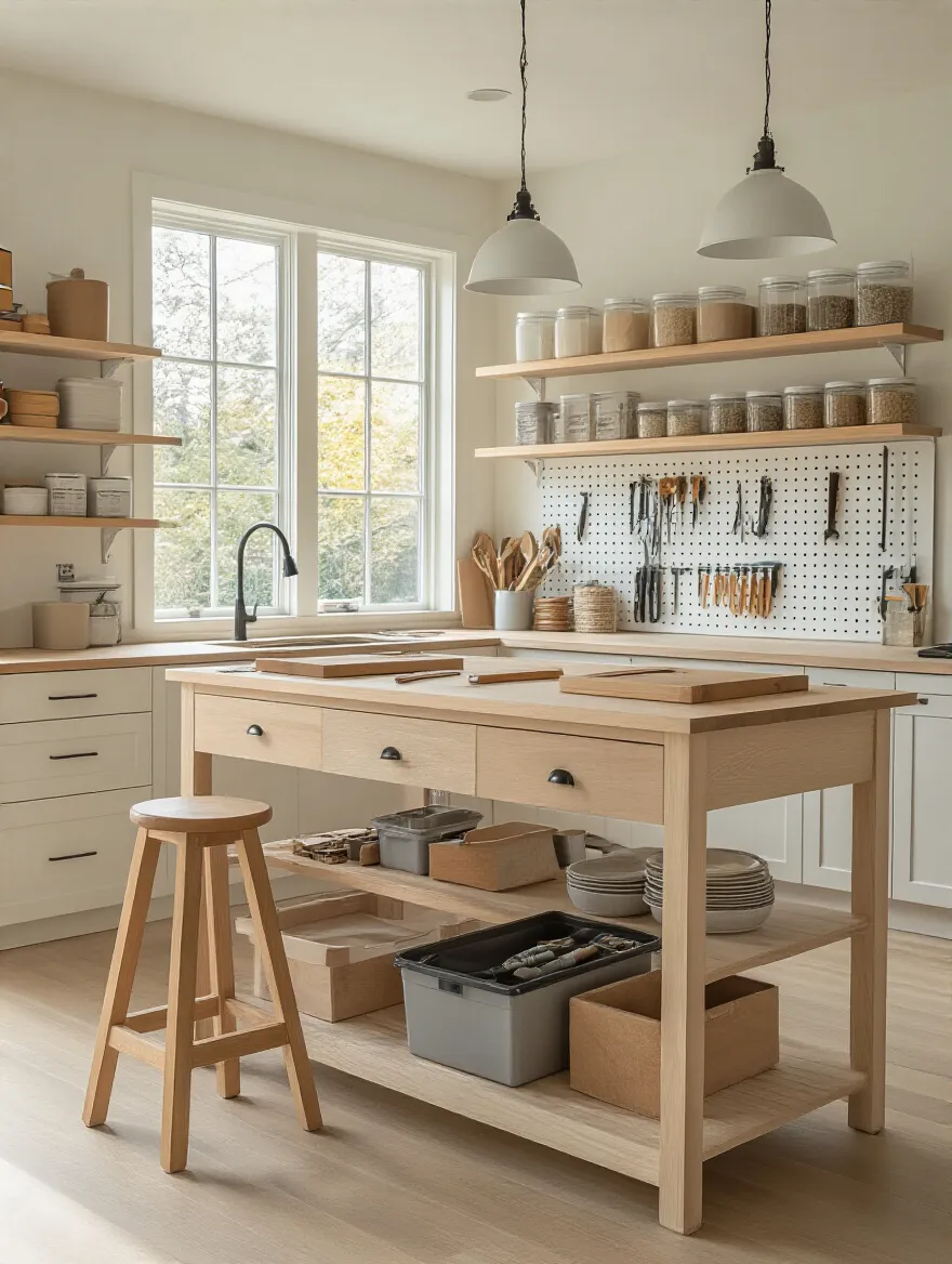Portrait-style kitchen renovation workspace ready for DIY tasks, no people, organized tools, warm lighting
