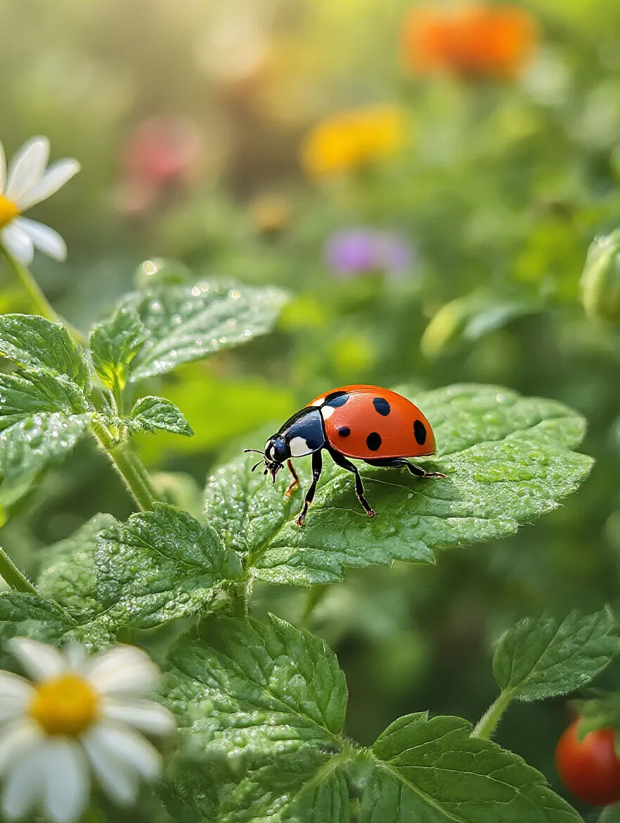 A ladybug on a tomato plant leaf, representing natural pest control and a healthy organic garden ecosystem.