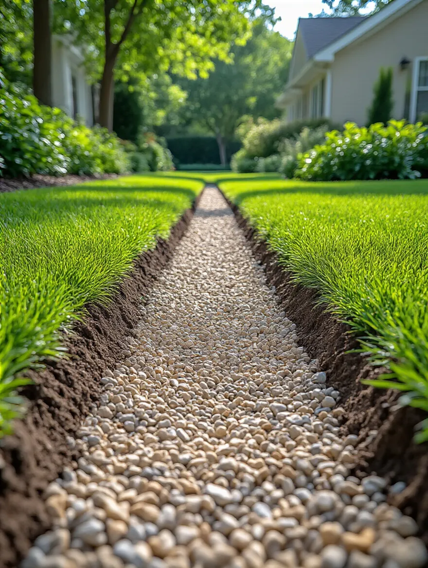 French drain system in a well-maintained garden, demonstrating effective landscape drainage and waterlogging prevention around healthy plants.