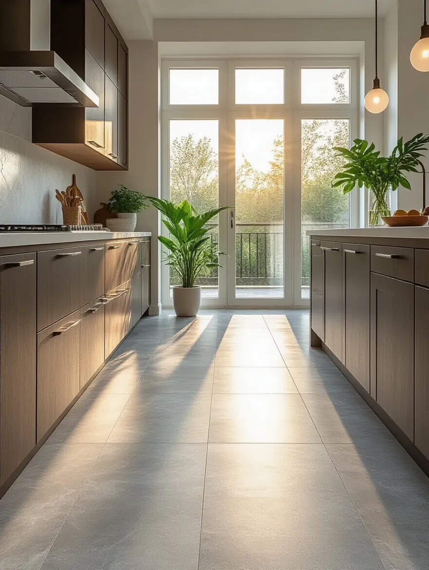 Modern kitchen with large format gray porcelain tiles underfoot heating, showing a warm and inviting atmosphere with sunlit floors and elegant minimalist design.