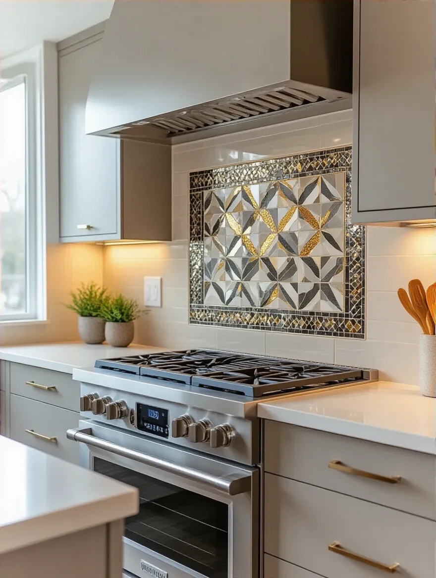 A modern kitchen backsplash featuring a central geometric mosaic tile framed by a slim decorative border tile, showcasing sophisticated decorative kitchen tile ideas.