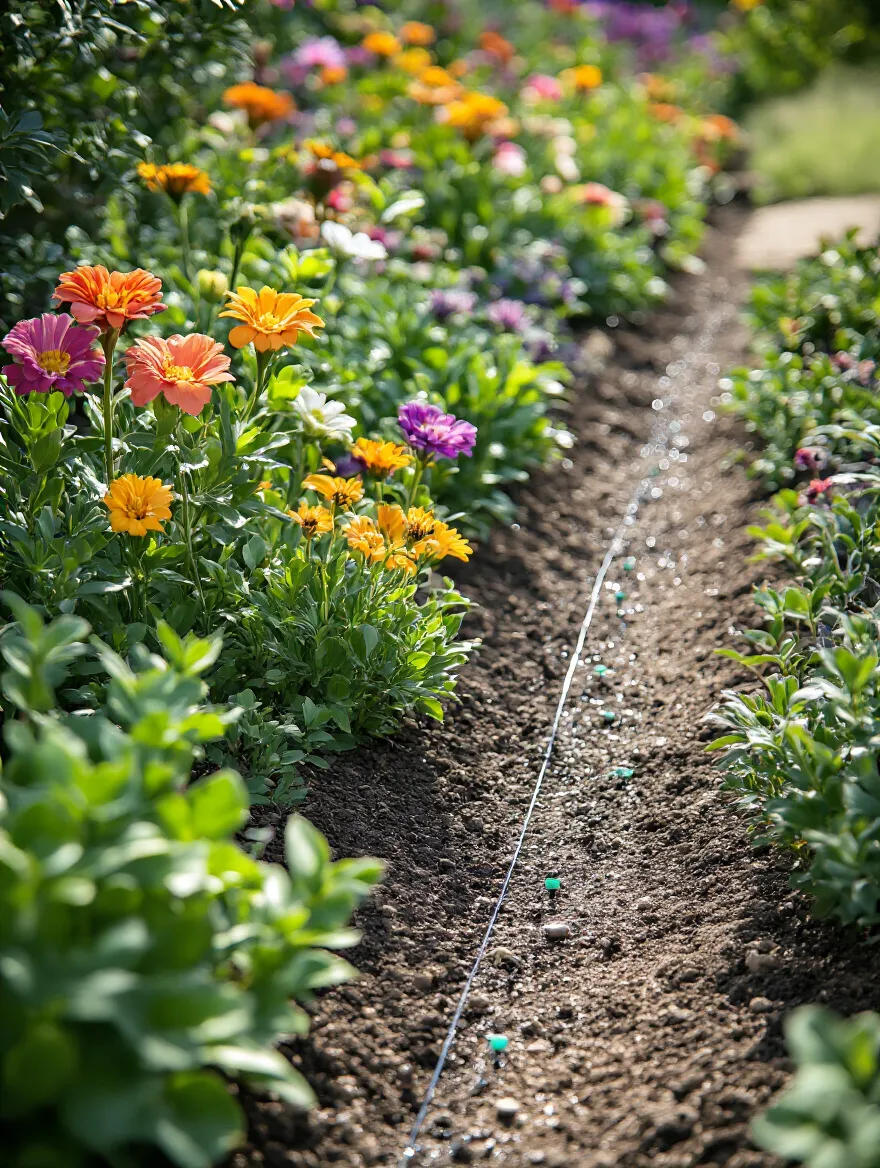 Close-up of a drip irrigation system precisely watering lush green plants in a garden bed, demonstrating water efficiency.