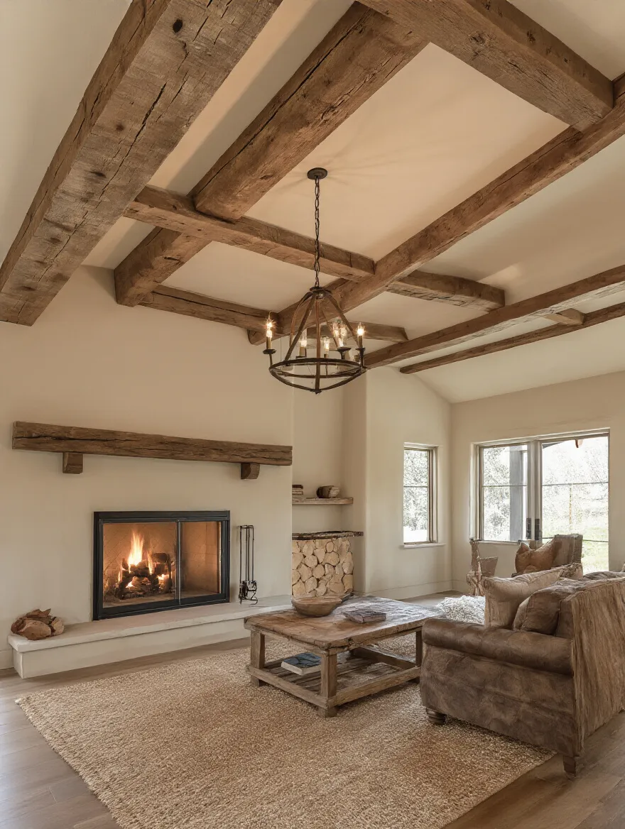 Rustic living room ceiling with exposed beams overhead