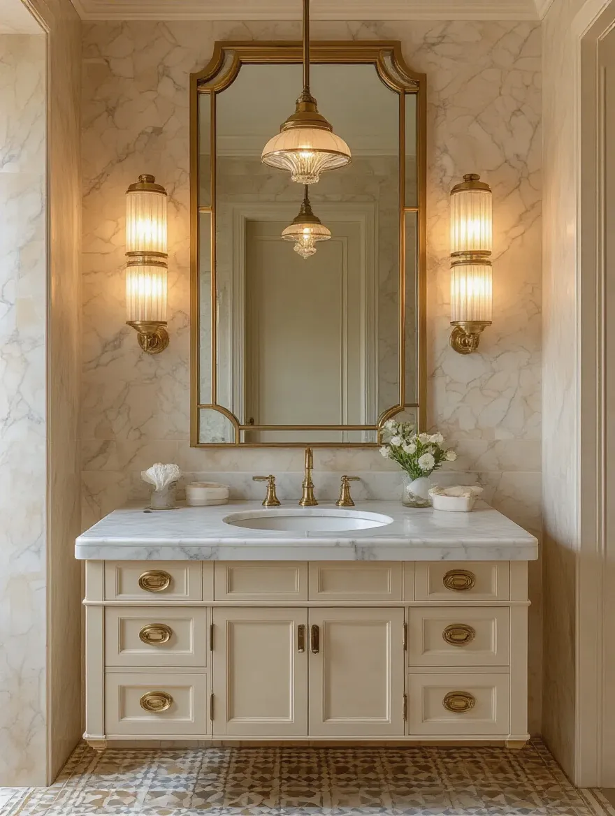 Portrait of a vintage bathroom vanity lit by period sconces and an Art Deco chandelier