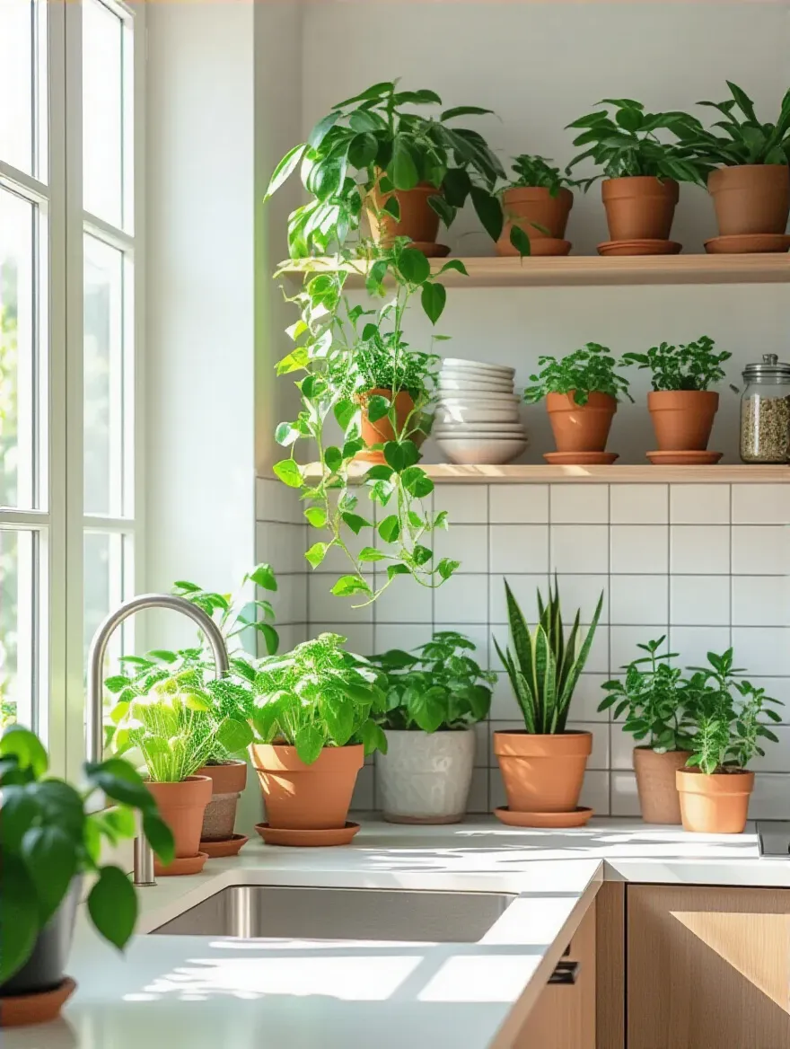Vertical display of kitchen plants on a shelf beside a sunlit window