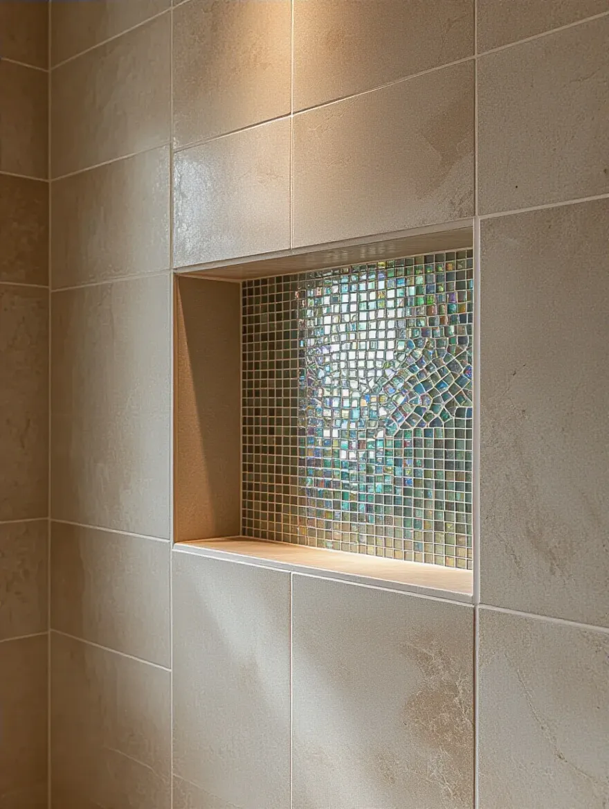A close-up of a luxurious bathroom shower niche featuring iridescent blue and green small mosaic tiles, creating a detailed and sparkling accent against a larger neutral tile wall. Soft lighting highlights the intricate patterns and textures.