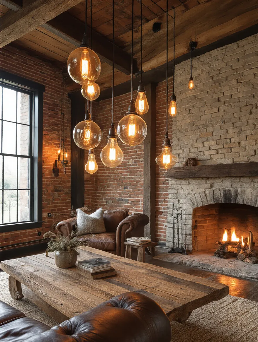 Vertical rustic living room lit by warm Edison bulbs and industrial lanterns