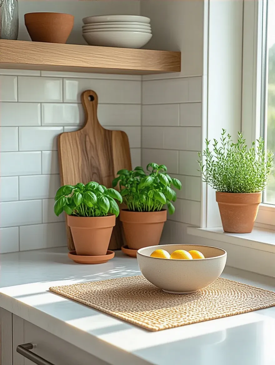 White kitchen countertop featuring three potted herbs in terracotta, a rustic olive wood cutting board, and a ceramic fruit bowl on a woven placemat, embodying organic kitchen decor.