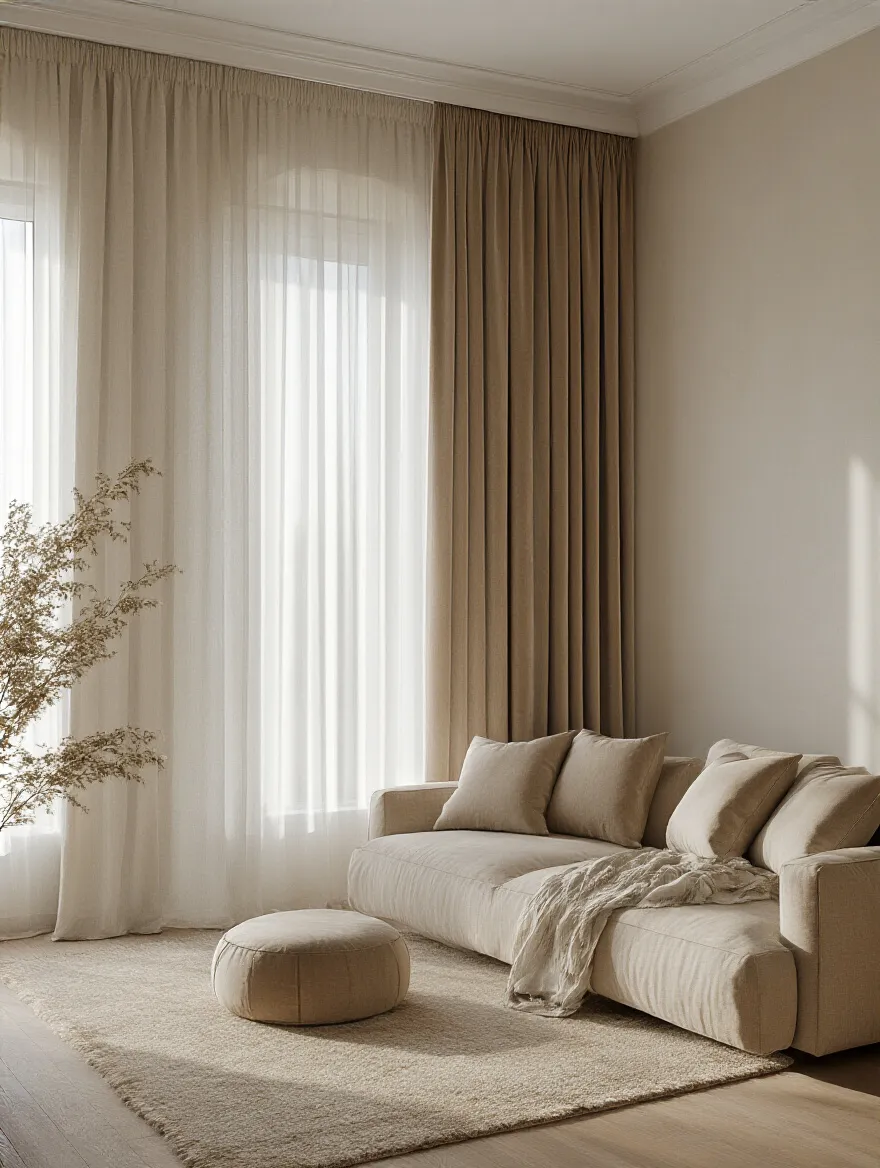 Vertical living room with floor-to-ceiling velvet drapes and sheer layers, cozy and warm