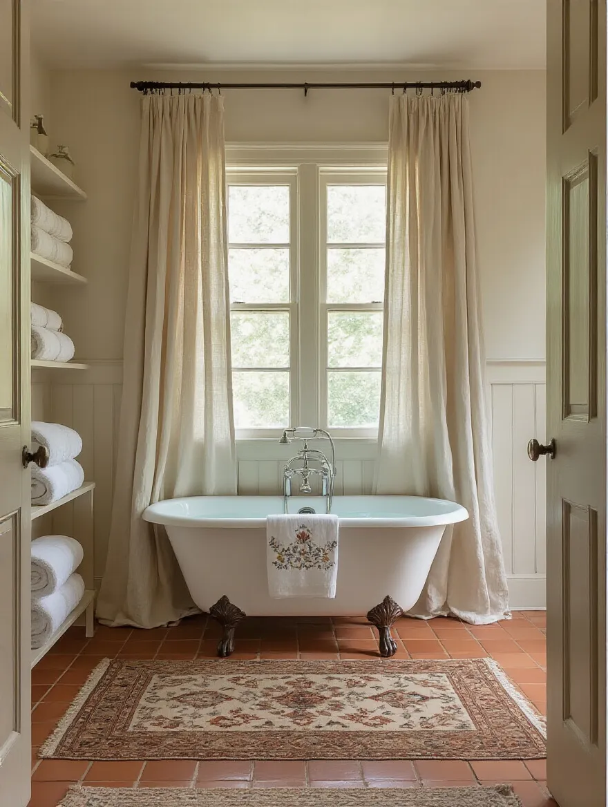 Vintage bathroom with clawfoot tub curtain, patterned rug, and embroidered towels.