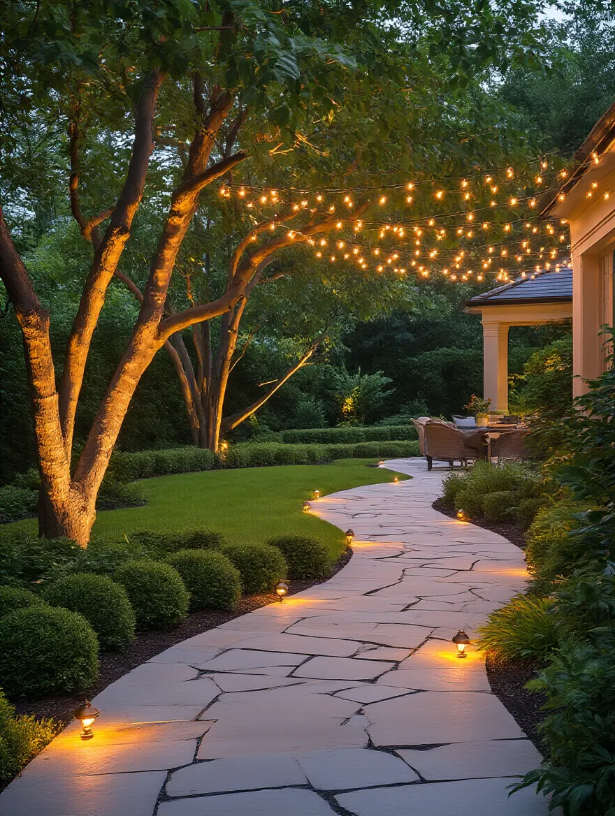 Elegant backyard at dusk illuminated by thoughtful landscape lighting, featuring warm uplights on trees, path lights along a stone walkway, and subtle string lights on a patio, creating an inviting evening ambiance.