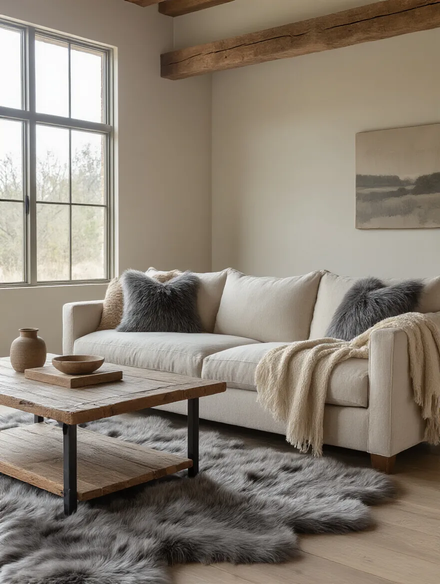 Rustic living room with chunky knit throws and faux fur rug for layered coziness