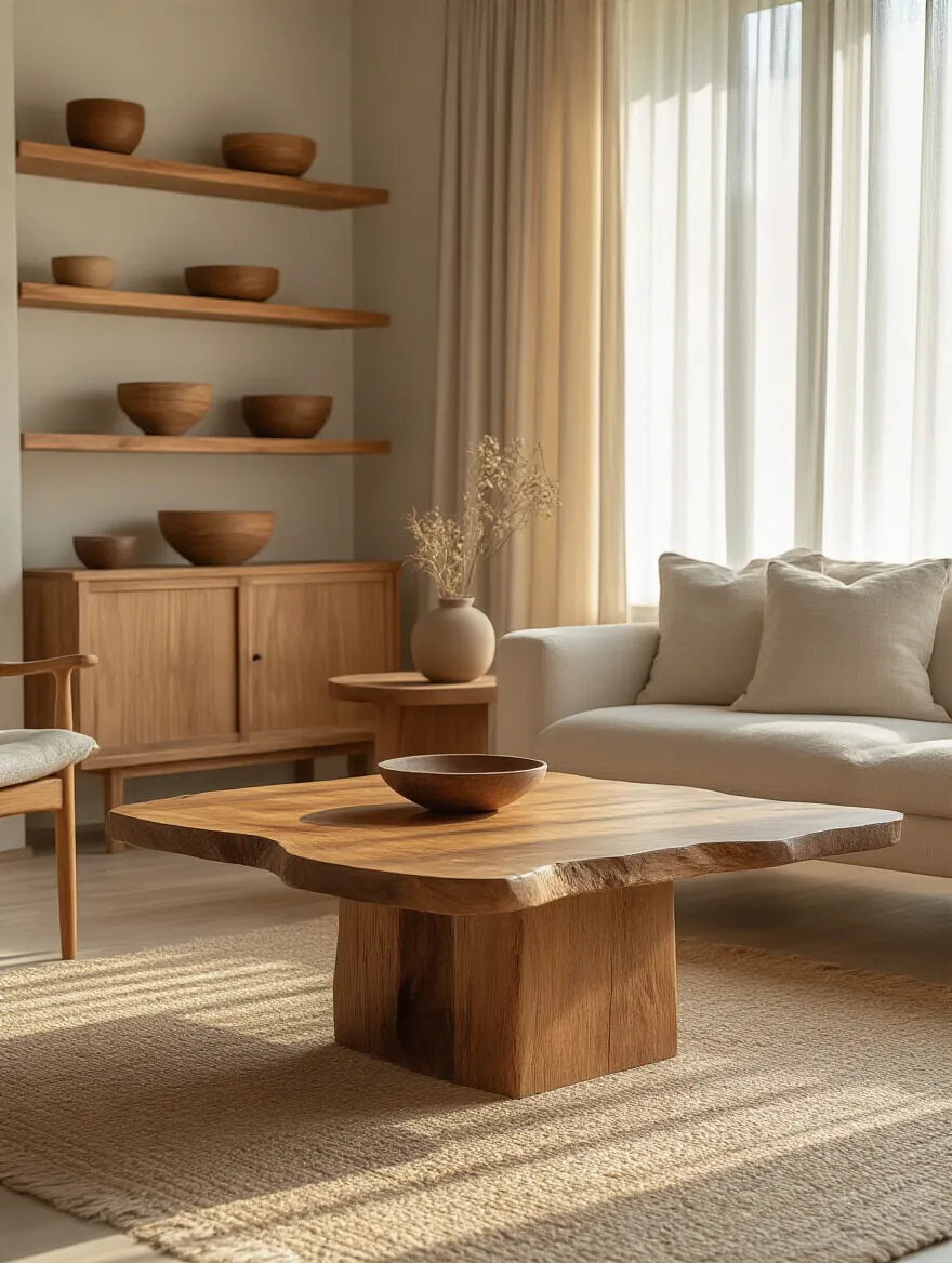 Cozy living room with natural wood accents and warm lighting