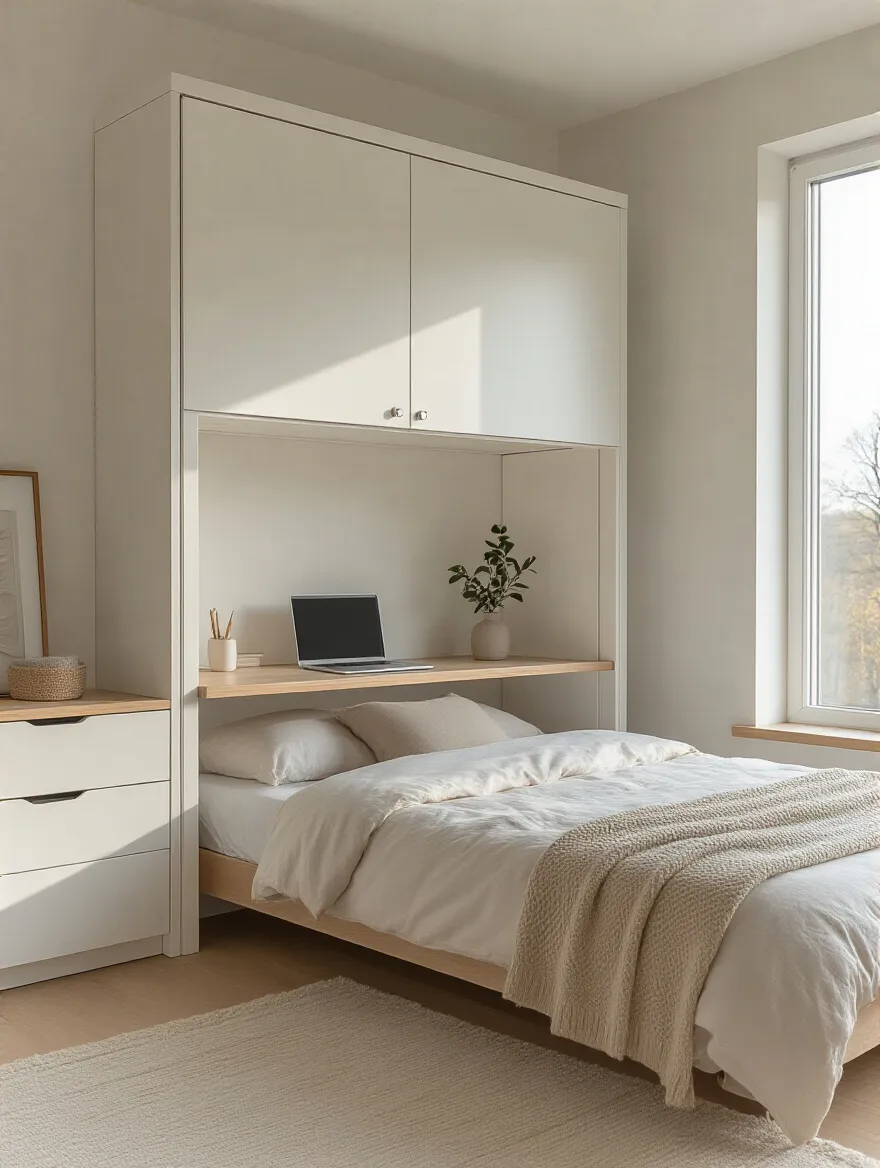 A portrait shot of a modern apartment bedroom featuring a closed murphy bed unit with an integrated desk, maximizing space with multi-functional furniture.