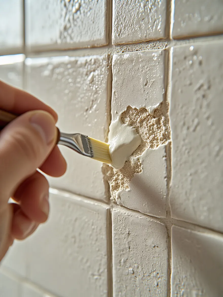 Close-up image of a chipped kitchen tile undergoing repair, showing a repair compound being applied to perfectly match the tile. This DIY kitchen tile repair restores damaged tile to a seamless finish.