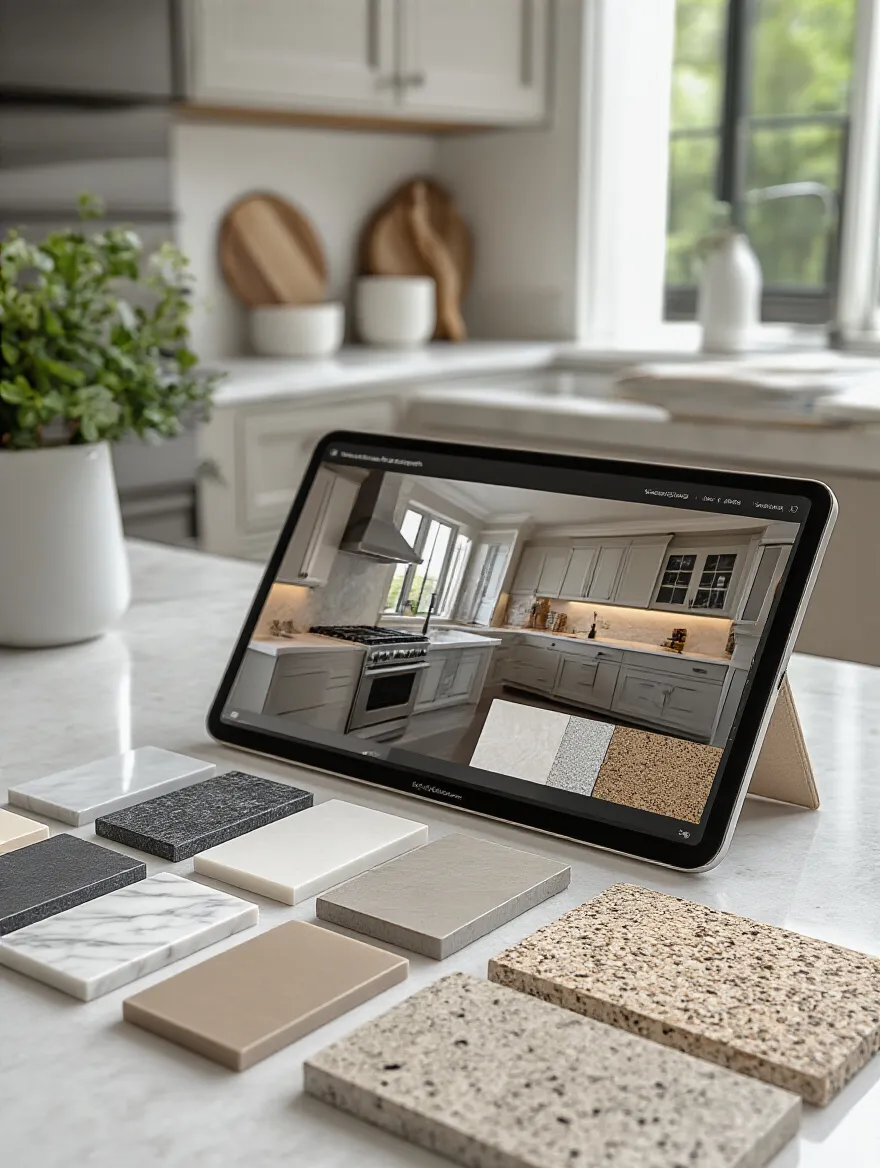 Kitchen countertop with large physical samples and a tablet showing a digital visualizer, aiding in kitchen countertop color selection.