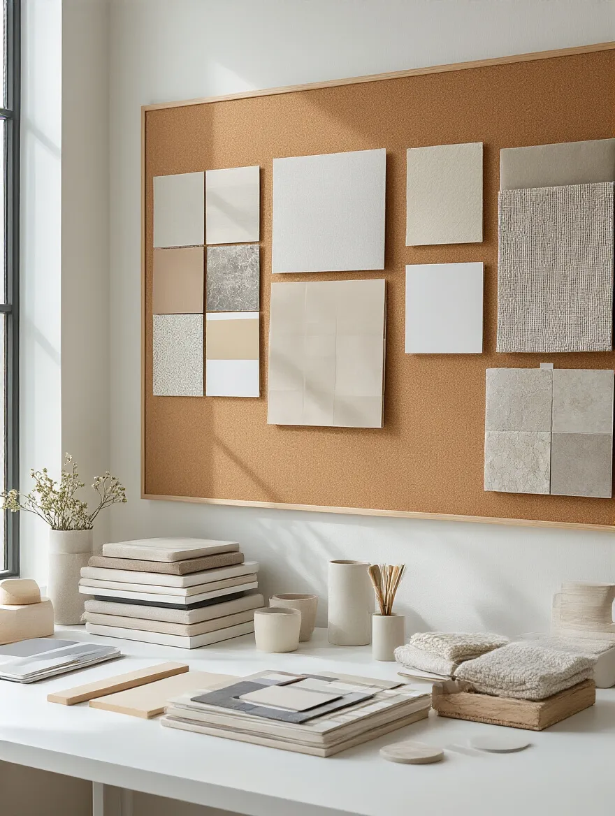Portrait of a tidy kitchen design planning area with mood boards and swatches