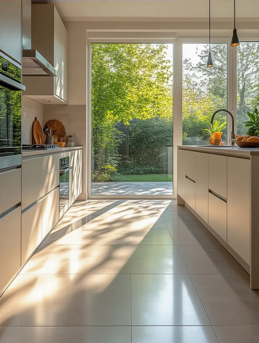 A modern kitchen with durable porcelain floor tiles designed for high traffic areas, reflecting light from a large window. Shows clean, resilient flooring.