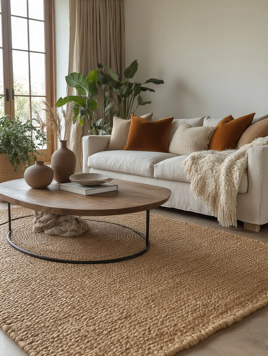 Cozy living room with layered textures: rug, throws, cushions, wood, and plants