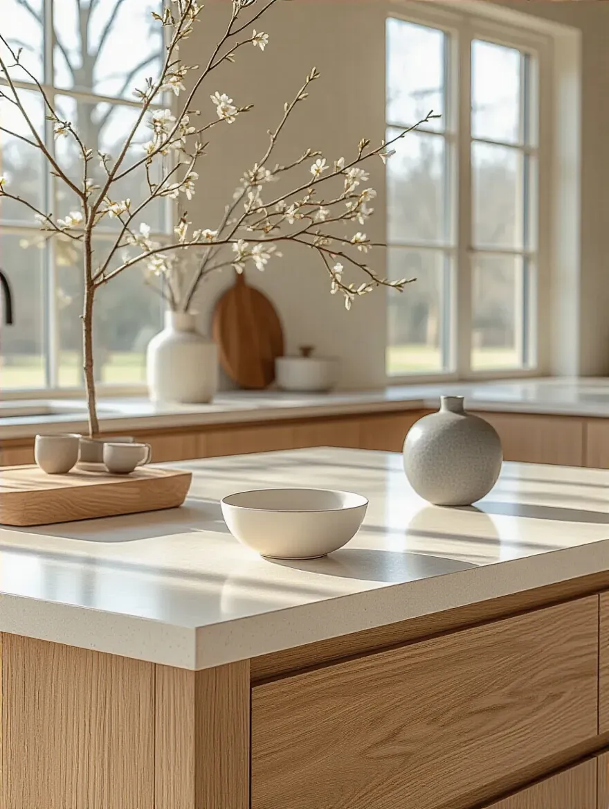 Kitchen design with warm oak cabinets and a cool-toned creamy quartz countertop, showing undertone coordination.