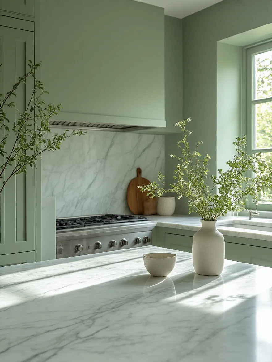 A modern kitchen featuring white Carrara marble countertops alongside soft sage green painted walls, showcasing a complementary color scheme to enhance the kitchen's design.