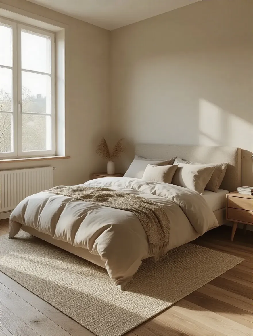 Bed placed along the longest wall with clear walkways in a small bedroom