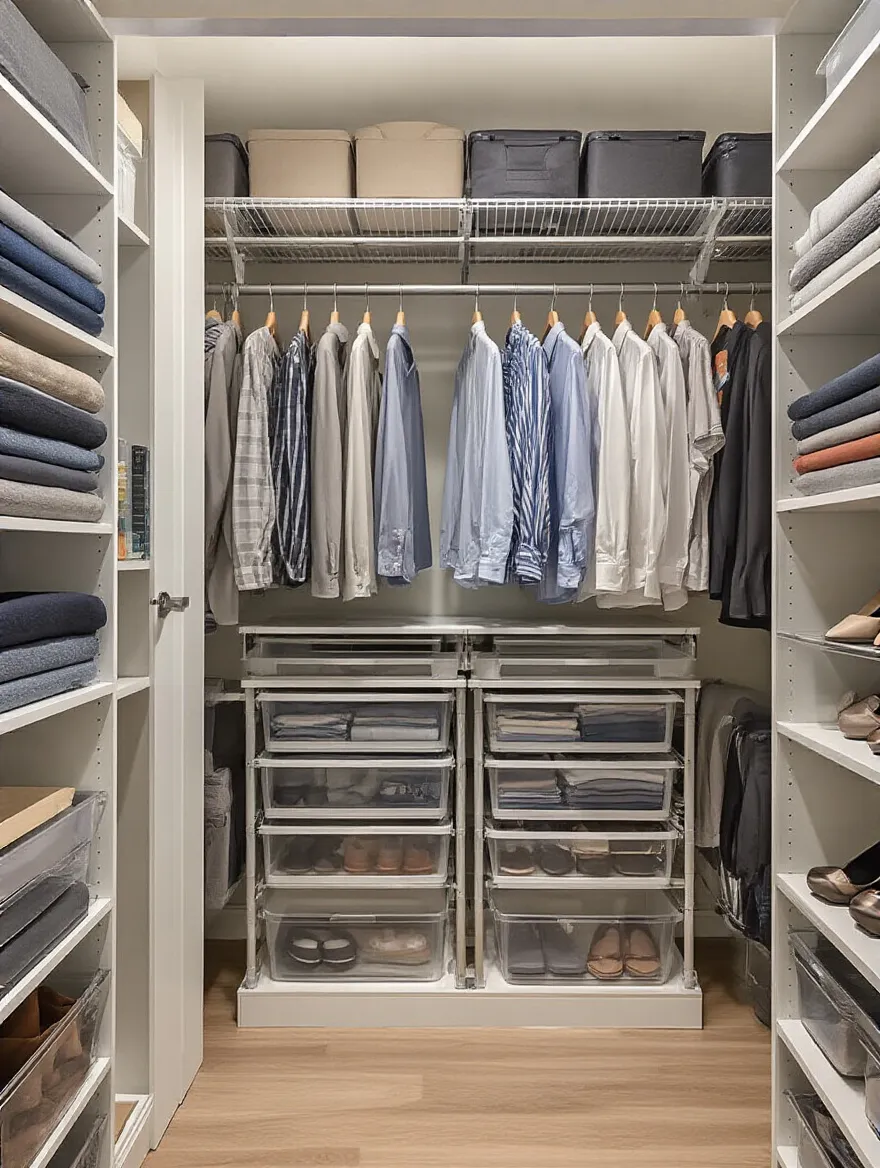 Meticulously organized small apartment closet with adjustable shelving, dual hanging rods, clear storage bins, and shoe racks, demonstrating smart closet space optimization.