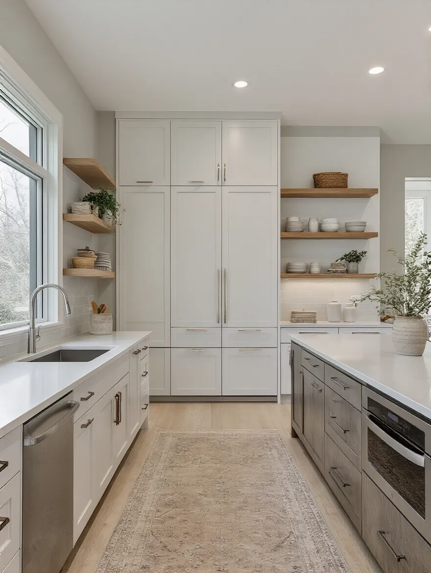 Portrait of a modern kitchen that preserves the existing footprint with a tall pantry and peninsula