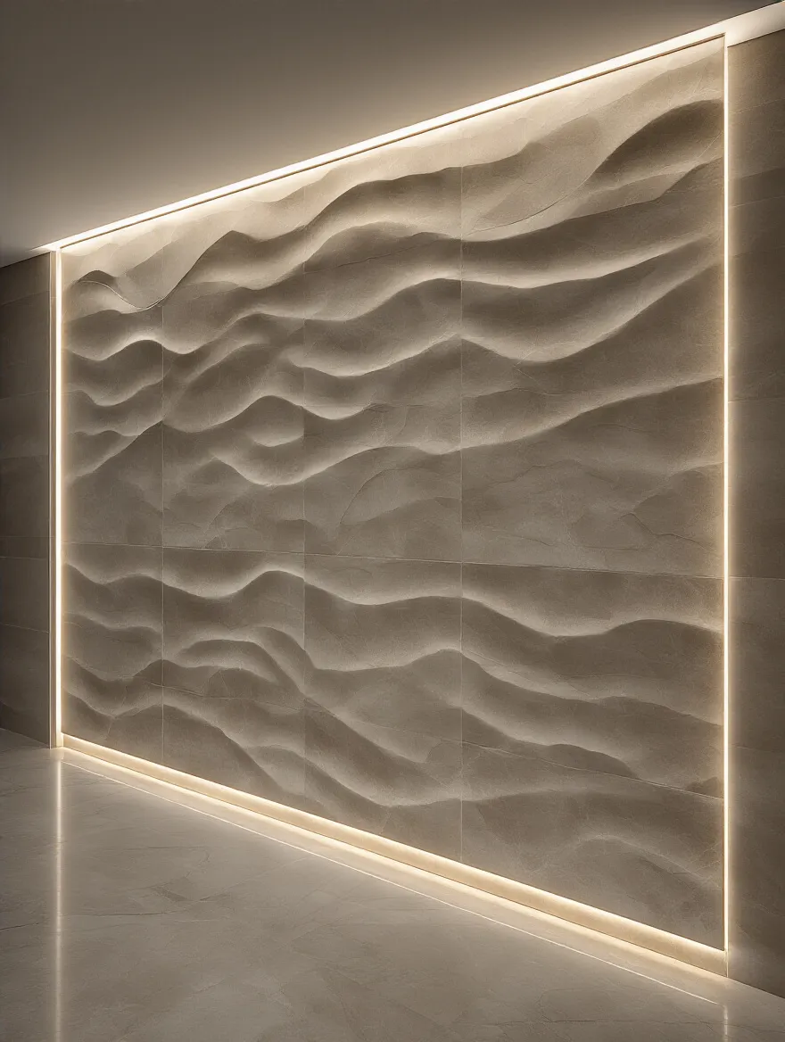 A luxurious bathroom accent wall with subtle wave-textured porcelain tiles, dramatically illuminated by concealed LED linear strip lighting that grazes the surface, highlighting texture and creating elegant shadows.