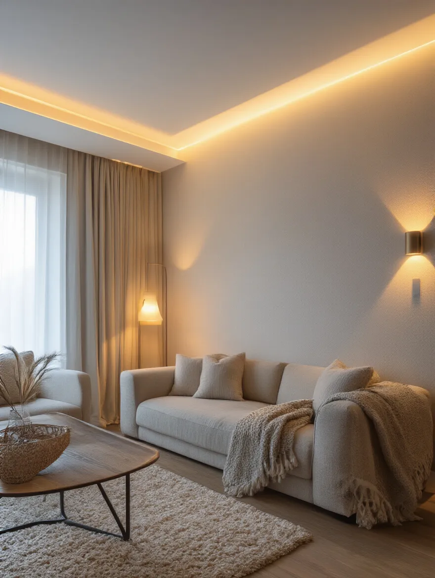 Vertical living room with layered lighting, warm glow from floor lamp and wall sconce