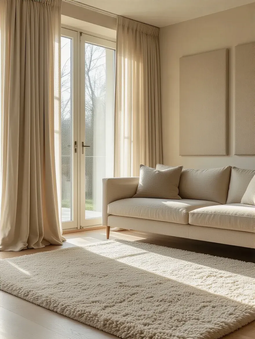 Living room with acoustic panels and soft furnishings for tranquil acoustics