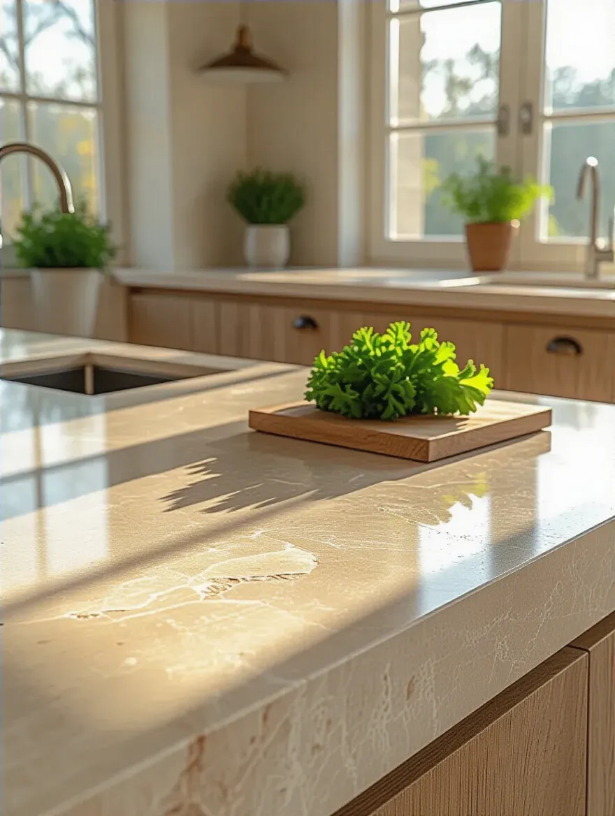 Detailed view of kitchen countertop showcasing a contrast between a highly polished finish reflecting bright light and a soft honed finish, illustrating how different countertop finishes impact surface reflection and perceived depth in a kitchen.